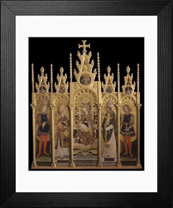 Framed Print : Enthroned Madonna with Child and Saints Amelio, Lorenzo, Albino and Amico, by Caylina Paolo also called Paolo da Brescia, 1458, 15th Century, tempera on board - Italy, Piedmont