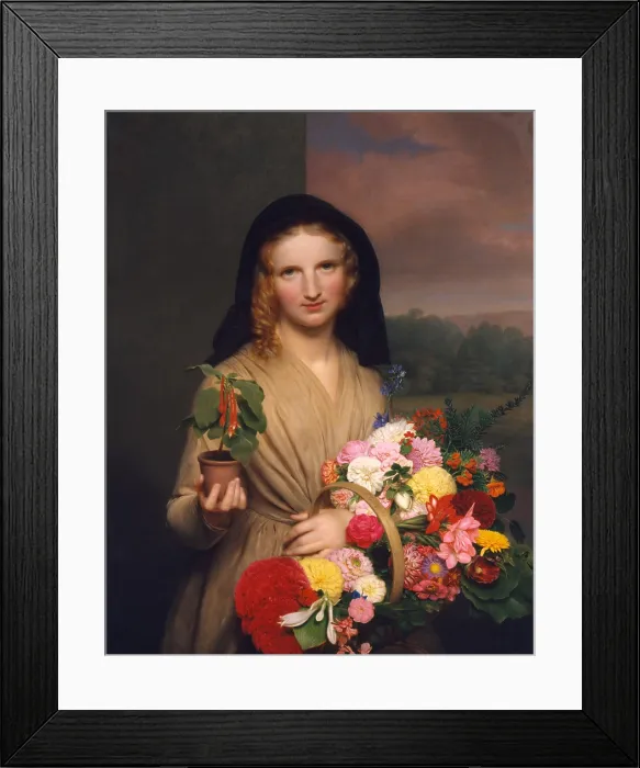 Framed Print : THE FLOWER GIRL, by Charles Cromwell Ingham, 1846, American painting, oil on canvas. A street vendor selling flowers makes direct eye contact to the viewer