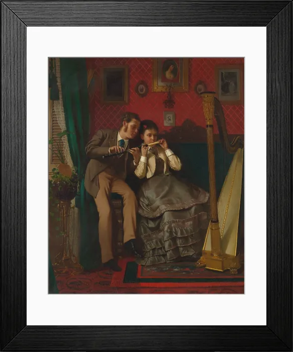 Framed Print : THE MUSIC LESSON, by John George Brown, 1870, American painting, oil on canvas. Middle class scene of a courting couple music making in a fashionable parlor (BSLOC_2017_11_85)