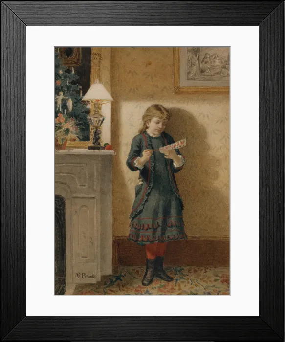 Framed Print : CHILD WITH CHRISTMAS CARD, by lden Finney Brooks, 1890-1900, American watercolor painting