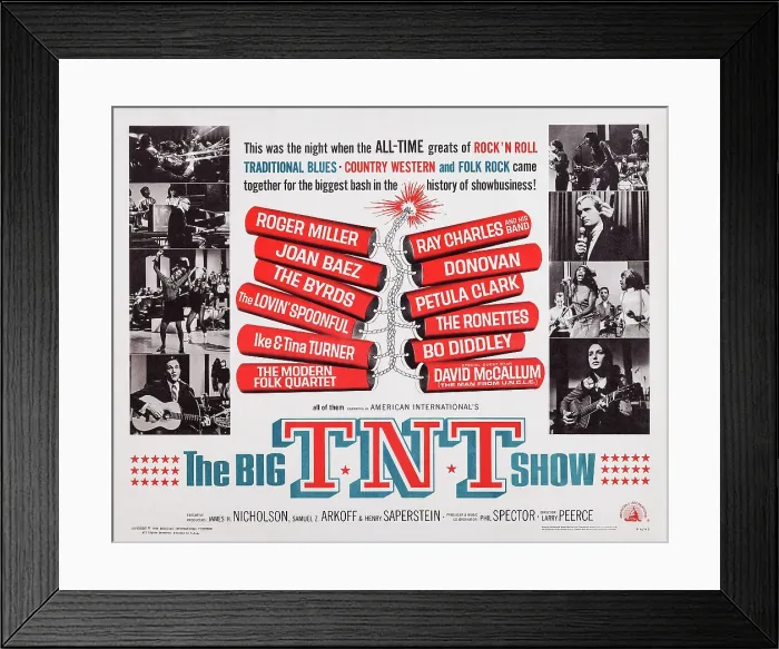 Framed Print : THE BIG T.N.T. SHOW, US lobbycard, left, second inset: Ray Charles; left, bottom inset: Roger Miller; right, from top: the Lovin Spoonful, David McCallum