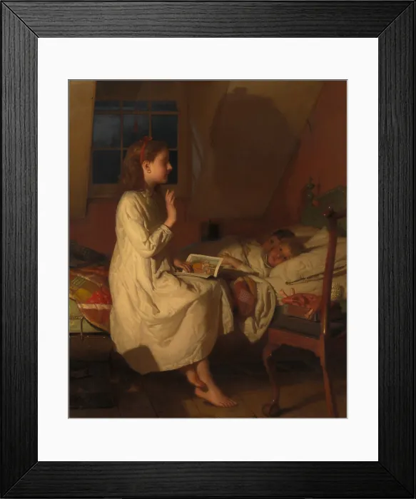 Framed Print : STORY OF GOLDEN LOCKS, by Seymour Joseph Guy, 1870, American painting, oil on canvas. The artists sons wide eyes express their anxiety at the story's frightening climax