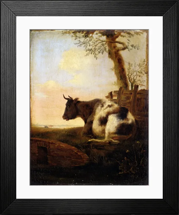 Framed Print : Crouching Cow, after Jan Kobell II, first half of the 19th Century, oil on board, 20 x 26 cm - Italy, Lombardy, Milan, Castello Sforzesco, Civic Collections of Ancient Art