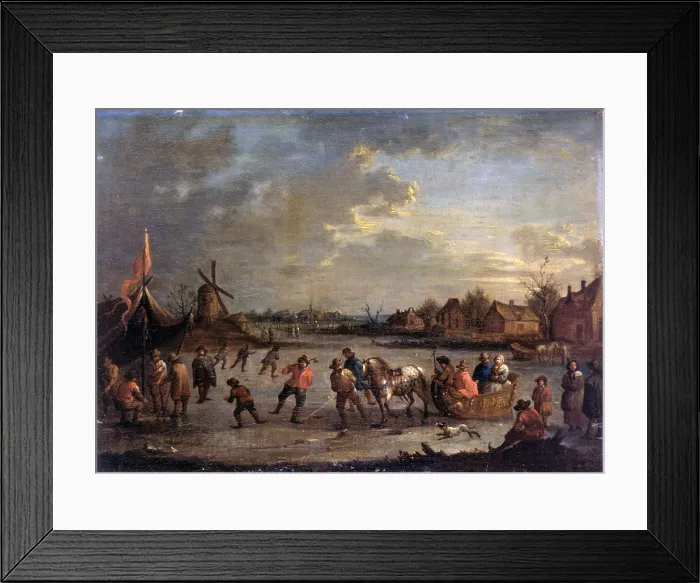 Framed Print : Frozen River with Skaters, copy after Bout Pieter, 1690 - 1710, 17th - 18th Century, oil on canvas 30 x 40 cm - Italy, Lombardy, Milan, Castello Sforzesco