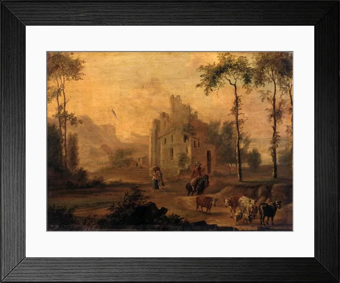 Framed Print : Italianate Landscape with herd, after Jan Asselijn, 17th Century, oil on board, 30 x 43 cm - Italy, Lombardy, Milan, Castello Sforzesco, Civic Collections of Ancient Art