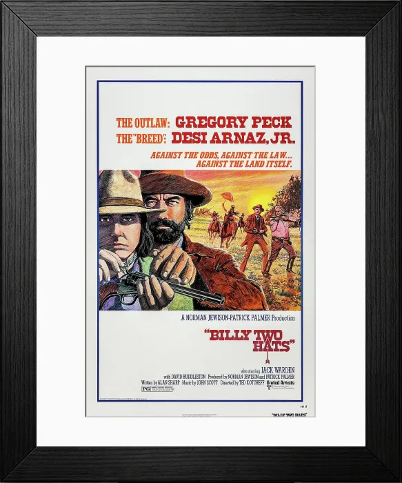 Framed Print : BILLY TWO HATS, US poster art, from left: Desi Arnaz Jr. Gregory Peck, 1974 Framed Print : BILLY TWO HATS, US poster art, from left: Desi Arnaz Jr. Gregory Peck, 1974