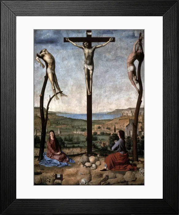 Framed Print : Crucifixion, by Antonello di Antonio also known as Antonello da Messina, 1475, 15th Century, oil on board - Belgium, Anversa, Royal Museum of Fine Arts. WHole artwork view