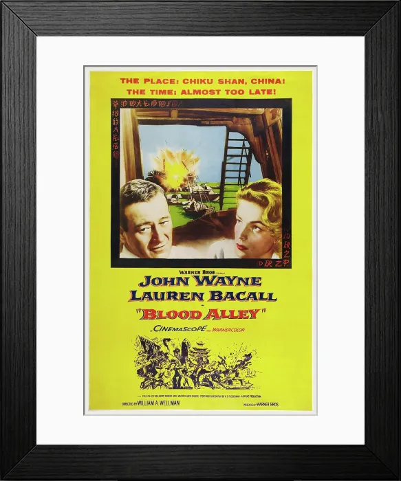 Framed Print : BLOOD ALLEY, US poster art, from left: John Wayne, Lauren Bacall, 1955