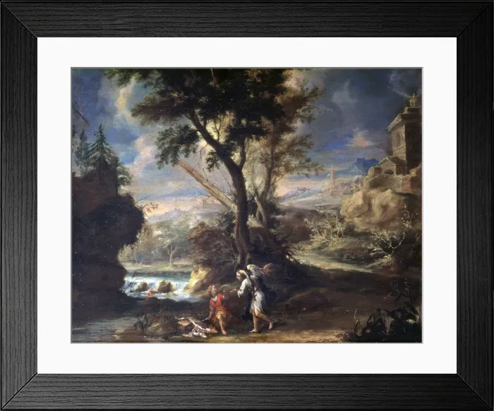 Framed Print : Landscape with Tobias and the Angel, by Giuseppe Amadeo, 1716, 18th Century, oil on canvas - Italy, Lombardy, Milan, Castello Sforzesco, Civic Collections of Ancient Art