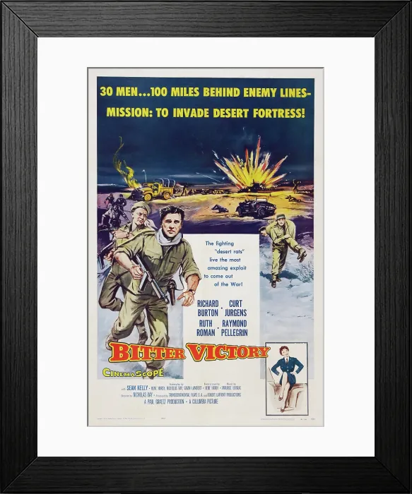 Framed Print : BITTER VICTORY, US poster art, left: Curd Jurgens, Richard Burton; bottom right: Ruth Roman, 1957 Framed Print : BITTER VICTORY, US poster art, left: Curd Jurgens, Richard Burton; bottom right: Ruth Roman, 1957