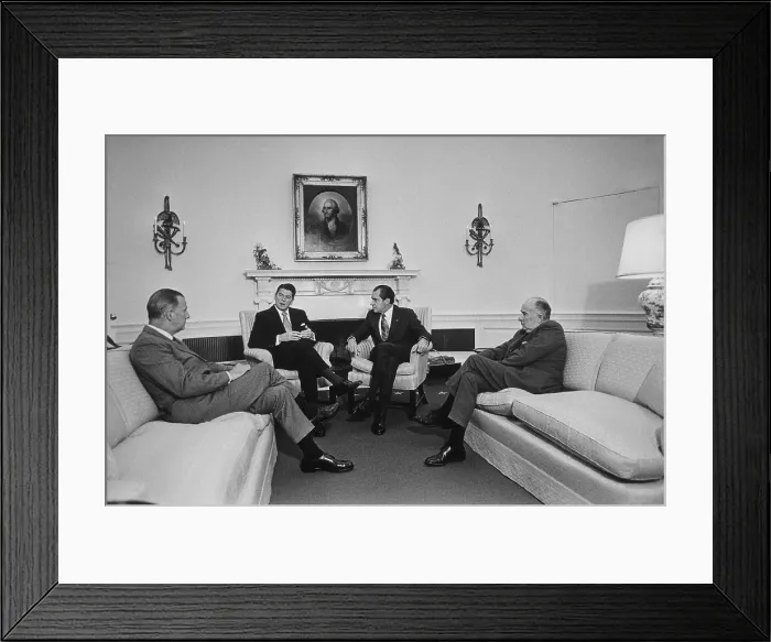 Framed Print : Oval Office meeting with California Governor Ronald Reagan and newly inaugurated President Nixon. L to R VP Spiro Agnew Ronald Reagan Richard Nixon John Mitchell. Jan 24 1969