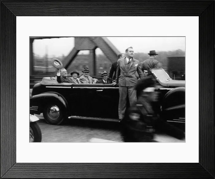 Framed Print : Franklin Roosevelt riding during the 1940 campaign with body guards. Guard Tommy Qualters, is on the near running broad. Exact date and location unidentified. (BSLOC_2013_5_140)