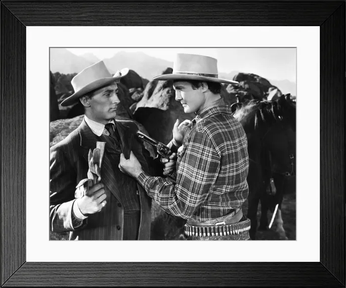 Framed Print : BAR 20, from left: Robert Mitchum, George Reeves, 1943 Framed Print : BAR 20, from left: Robert Mitchum, George Reeves, 1943