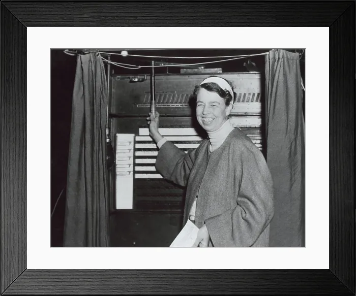 Framed Print : First Lady Eleanor Roosevelt votes at Hyde Park, New York. Nov. 3, 1936. FDR won a landslide victory in his election to a second term. (BSLOC_2013_5_124) Framed Print : First Lady Eleanor Roosevelt votes at Hyde Park, New York. Nov. 3, 1936. FDR won a landslide victory in his election to a second term. (BSLOC_2013_5_124)