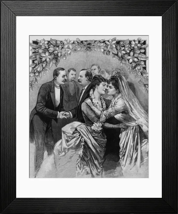 Framed Print : Grover Clevelands young wife, Frances Folsom, receiving kiss from her mother Framed Print : Grover Clevelands young wife, Frances Folsom, receiving kiss from her mother