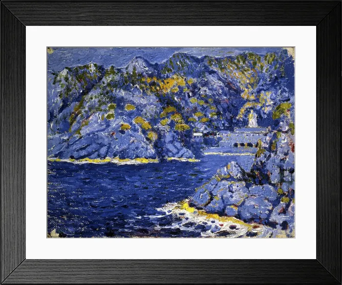 Framed Print : Riviera Lights, by Rubaldo Merello, 1920, 20th Century, oil on canvas - Private collection. Whole artwork view. Coastal landscape with the sea and rocks Framed Print : Riviera Lights, by Rubaldo Merello, 1920, 20th Century, oil on canvas - Private collection. Whole artwork view. Coastal landscape with the sea and rocks