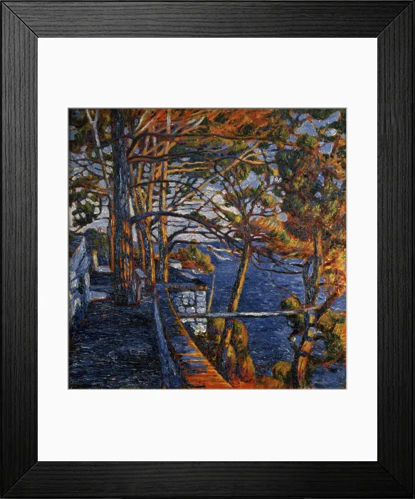 Framed Print : Pine Tree in Portofino, by Rubaldo Merello, 1920, 20th Century, oil on canvas - Private collection. Whole artwork view. Landscape with little road with pine trees facing the see
