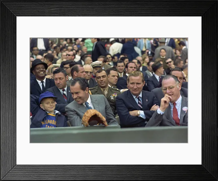 Framed Print : President Richard Nixon enjoys opening day at RFK Stadium, April 7, 1969. Senators owner Bob Short is second from right. Commissioner of Baseball Bowie Kuhn is on far right