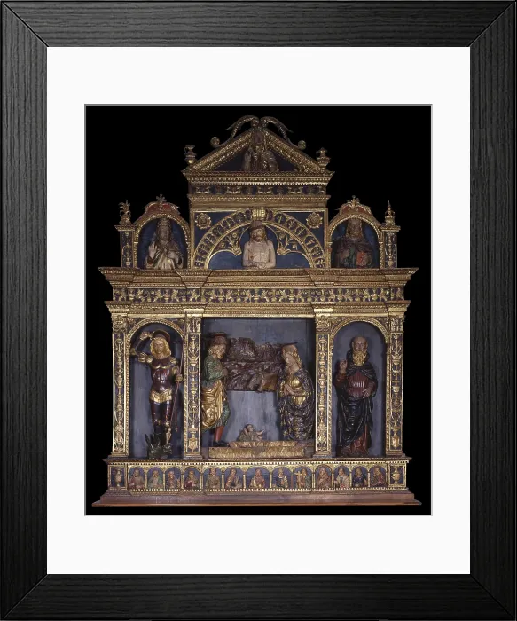 Framed Print : Altar Piece, by Pietro Bussolo, 1494, 15th Century, painted and golden wood - Italy, Lombardy, Grosio, Church of Saint George. Whole artwork view