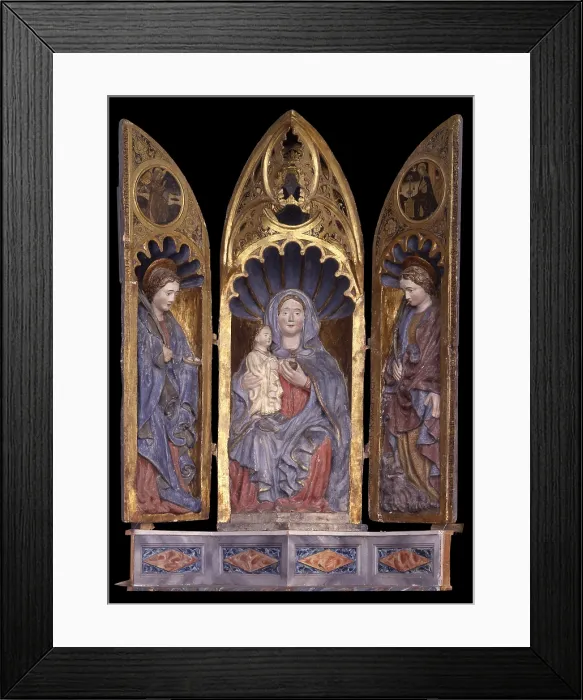 Framed Print : Triptych, by Giovan Pietro Malacrida, 1489, 15th Century, carved, painted and gilded wood - Italy, Lombardy, Mazzo di Valtellina, Church of Saint Mary. Whole artwork view Framed Print : Triptych, by Giovan Pietro Malacrida, 1489, 15th Century, carved, painted and gilded wood - Italy, Lombardy, Mazzo di Valtellina, Church of Saint Mary. Whole artwork view