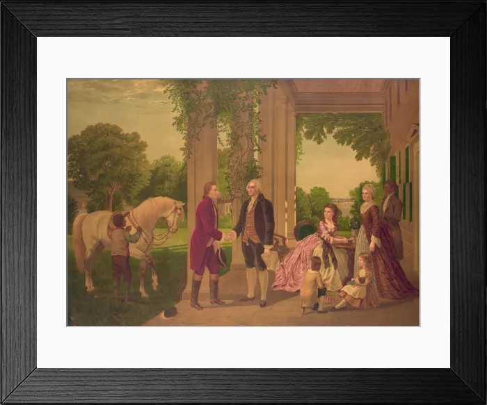 Framed Print : George Washington welcoming Marquis de Lafayette to his home at Mount Vernon. Martha Washington, family members and an enslaved servant are on the right (BSLOC_2016_14_6)
