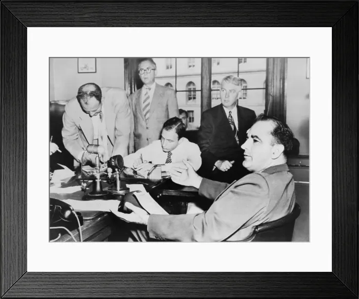 Framed Print : Sen. Joseph McCarthy speaking to reporters, 1951. He gained national attention with his accusations that members of a Communist spy ring were employed in the State Department