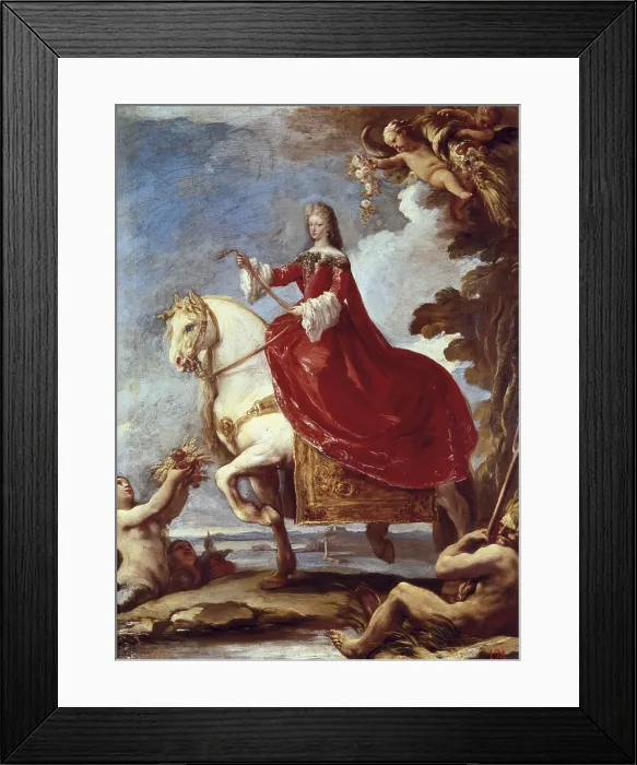 Framed Print : GIORDANO, Luca (1632-1705). Mariana of Neubourg, Queen of Spain, on horseback. 1700 - 1705. In the upper part, two genies of the 'Abundance'. Baroque art. Oil on canvas