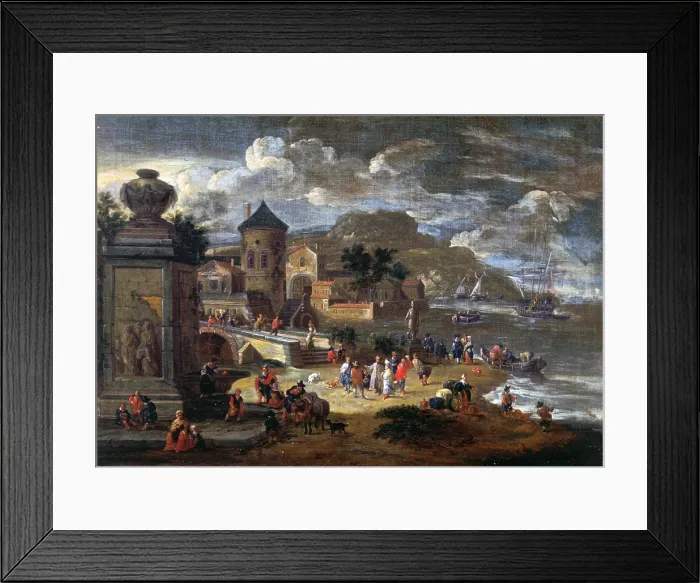Framed Print : Seascape with an Arbour and Merchants from the East, by Mathijs Schoevaerdts, 1685 - 1695, 17th Century, oil on canvas, 34 x 48 cm - Italy, Lombardy, Milan, Castello Sforzesco Framed Print : Seascape with an Arbour and Merchants from the East, by Mathijs Schoevaerdts, 1685 - 1695, 17th Century, oil on canvas, 34 x 48 cm - Italy, Lombardy, Milan, Castello Sforzesco