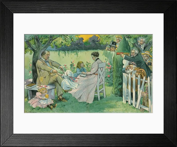Framed Print : HE KEEPS THEM WORRIED, a cartoon showing President Cleveland relaxing with his young family Framed Print : HE KEEPS THEM WORRIED, a cartoon showing President Cleveland relaxing with his young family