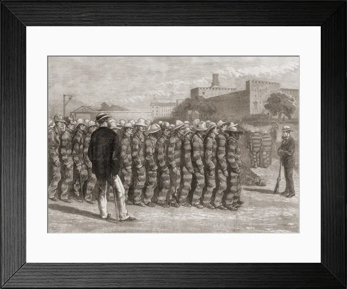 Framed Print : Prisoners returning from work on Blackwell's Island, New York City, 1876. The island in the East River had a Lunatic Asylum, Workhouse, Alms House, Prison Framed Print : Prisoners returning from work on Blackwell's Island, New York City, 1876. The island in the East River had a Lunatic Asylum, Workhouse, Alms House, Prison