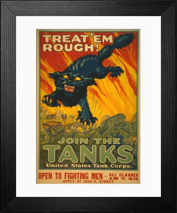 Framed Print : World War 1. Recruiting poster for the United States Tank Corps. Poster shows a black cat with fangs and claws leaping above a battlefield with tanks. 1917