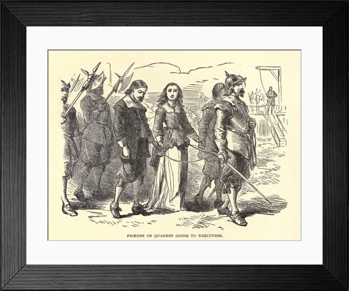 Framed Print : Quakers lead to their execution. Mary Dyer with either William Robinson, or Marmaduke Stephenson, as they are taken to be hung as heretics in Massachusetts on October 27, 1659 Framed Print : Quakers lead to their execution. Mary Dyer with either William Robinson, or Marmaduke Stephenson, as they are taken to be hung as heretics in Massachusetts on October 27, 1659