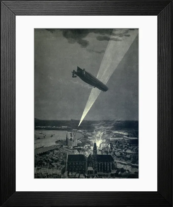 Framed Print : World War 1. First use of a German Zeppelin to drop bombs occurred on Aug. 24, 1914
