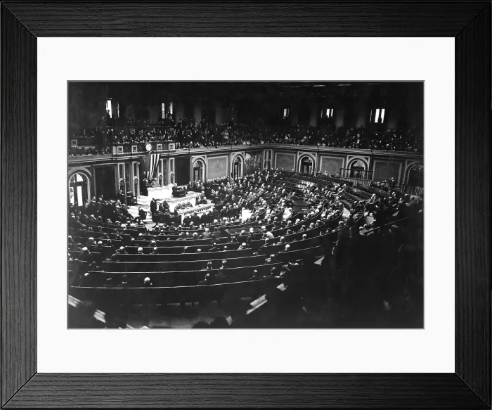 Framed Print : President Wilson reading the Armistice terms to Congress. World War I. Nov. 11, 1918
