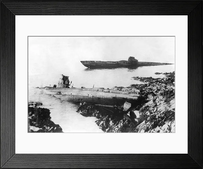 Framed Print : Two German U-boats washed up on the rocks at Falmouth, England, in 1921. Both were sunk during World War I Framed Print : Two German U-boats washed up on the rocks at Falmouth, England, in 1921. Both were sunk during World War I