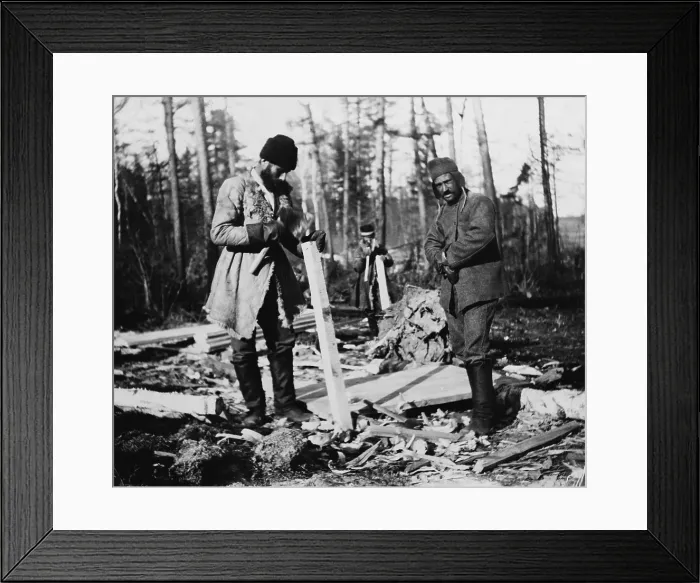 Framed Print : Three Russian convicts building a camp near the Eastern Siberian Railroad