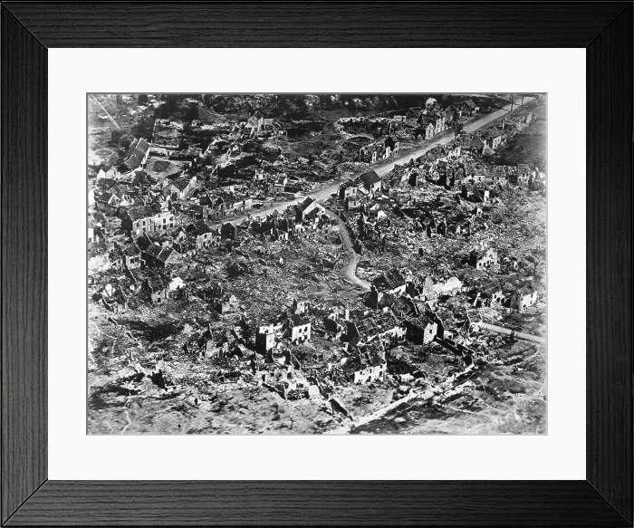 Framed Print : Aerial view of ruins of Vaux, France, 1918. Vaux was a French fortress occupied by the Germans in the World War I Battle of Verdun
