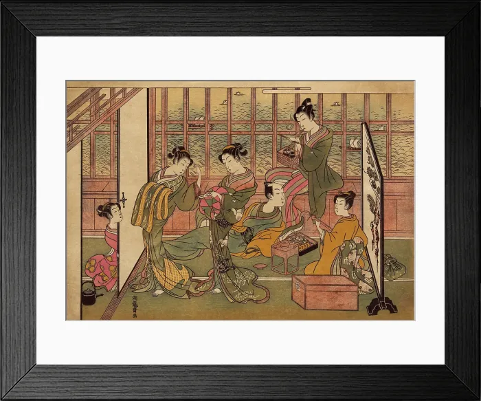 Framed Print : A Japanese brothel in Shinagawa, shows five courtesans attending to the needs of a male client; one woman is playing a shamisen, another is preparing a pipe for smoking Framed Print : A Japanese brothel in Shinagawa, shows five courtesans attending to the needs of a male client; one woman is playing a shamisen, another is preparing a pipe for smoking