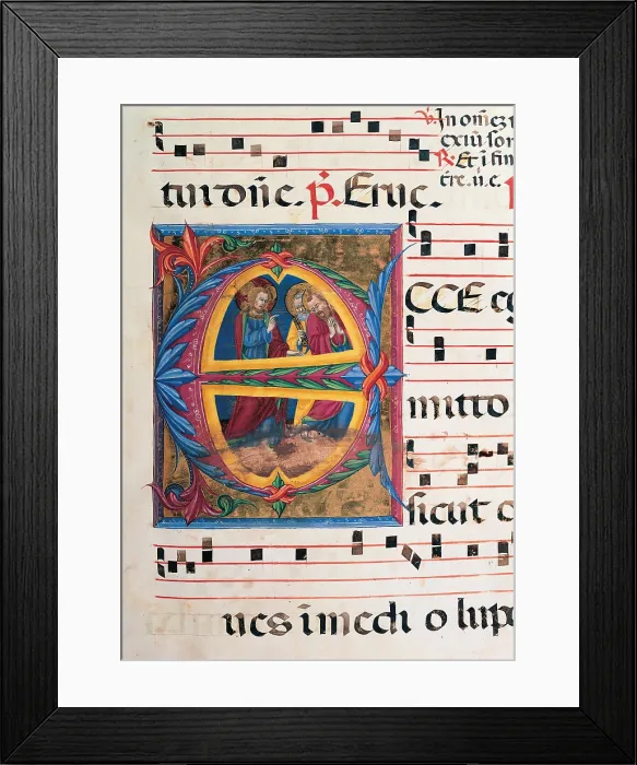 Framed Print : Anonymous Sienese painter, Day and night Antiphonary of the Common of Saints, 15th Century, illuminated manuscript, Italy, Tuscany, Siena, Osservanza Basilica