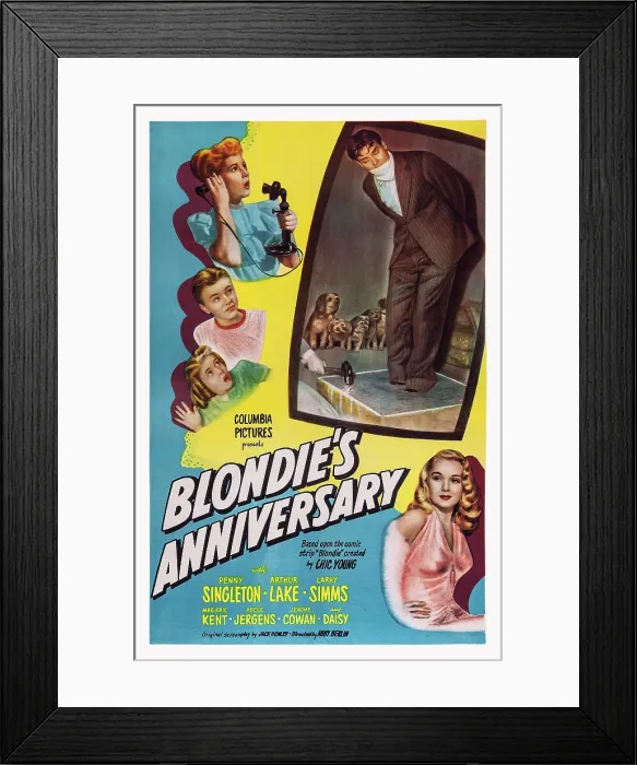 Framed Print : BLONDE'S ANNIVERSARY, US poster art, clockwise from top left: Penny Singleton, Arthur Lake, Adele Jergens, Marjorie Ann Mutchie, (aka Marjorie Kent), Larry Simms, 1947