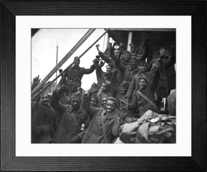 Framed Print : African Americans, members of the 369th Colored Infantry, wave from a troop ship as they arrive back in New York City Framed Print : African Americans, members of the 369th Colored Infantry, wave from a troop ship as they arrive back in New York City