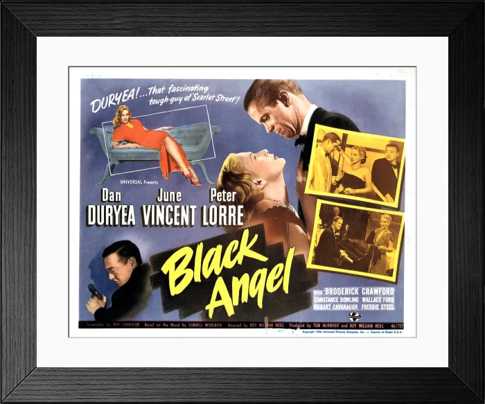 Framed Print : BLACK ANGEL, Peter Lorre, June Vincent, Dan Duryea on poster art, 1946