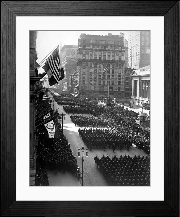 Framed Print : Victory Parade in honor of returned fighters passing the Public Library, New York City. The parade was held to honor General John J