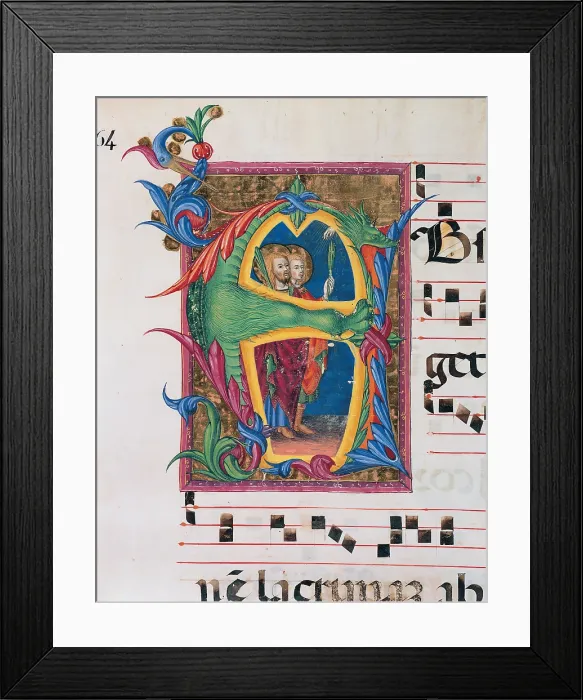 Framed Print : Anonymous Sienese painter, Day and night Antiphonary of the Common of Saints, 15th Century, illuminated manuscript, Italy, Tuscany, Siena, Osservanza Basilica