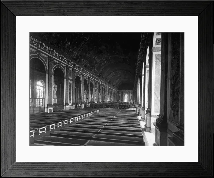 Framed Print : Galerie des Glaces (Hall of Mirrors) showing the arrangement of tables for the signing of Peace Terms ending World War I. Versailles, France. June 27, 1919 Framed Print : Galerie des Glaces (Hall of Mirrors) showing the arrangement of tables for the signing of Peace Terms ending World War I. Versailles, France. June 27, 1919