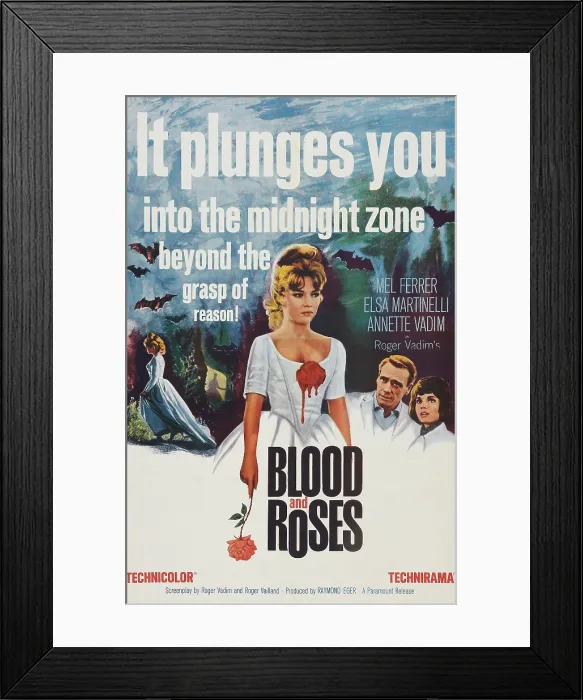 Framed Print : BLOOD AND ROSES, (aka ET MOURIR DE PLASIR), from center: Annette Vadim, Mel Ferrer, Elsa Martinelli on poster art, 1960
