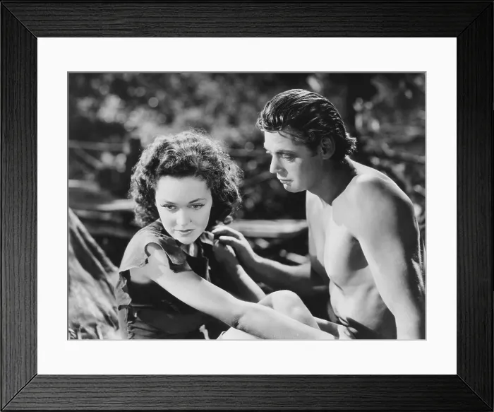 Framed Print : TARZAN ESCAPES, from left: Maureen O'Sullivan, Johnny Weissmuller, 1936