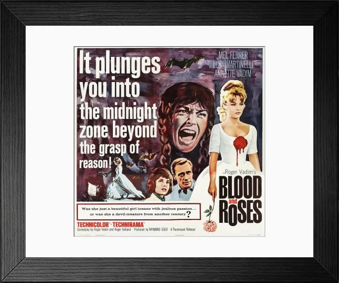 Framed Print : BLOOD AND ROSES, US poster art, from left: Elsa Martinelli, Mel Ferrer, Annette Vadim, 1960