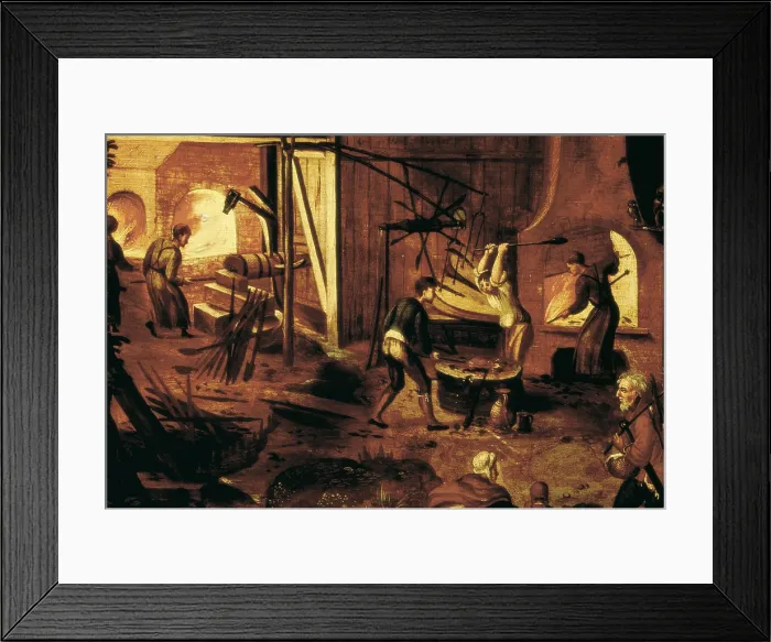 Framed Print : MET DE BLES, Henri (1480-1550). Landscape with coppper mines. Detail of the foundry. 16th century. Renaissance art. Oil on wood. CZECH Rep.. Prague. National Gallery in Prague