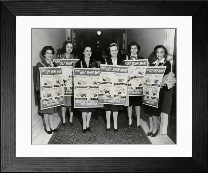 Framed Print : Democratic Women of New York wear signs for the 1944 national campaign registration. The humorous signs urge women to register and vote for Franklin Roosevelt. (BSLOC_2013_5_146)